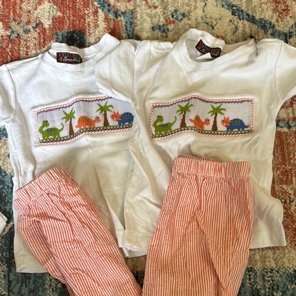 Kids Dinosaur Embroidered Matching Set - White and Orange